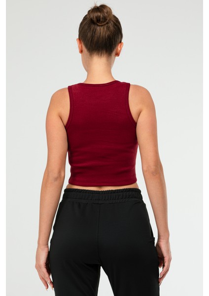 Bordo Slim Fit Pamuklu Açık Yaka Crop Top Kaşkorse Kadın Tişört SF-0751