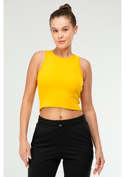 Sarı Slim Fit Pamuklu Açık Yaka Crop Top Kaşkorse Kadın Tişört SF-0751