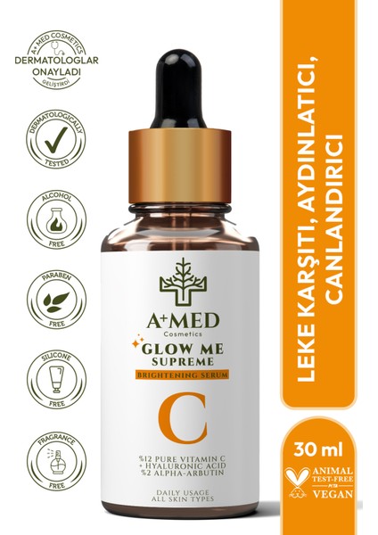 A+ MED Cosmetics Aydınlatıcı,Cilt Tonu Eşitleyici Ve Leke Karşıtı Alpha Arbutin Cilt Bakım Serumu 30 ml (Alpha Arbutin %2 + Hyaluronic Acid)