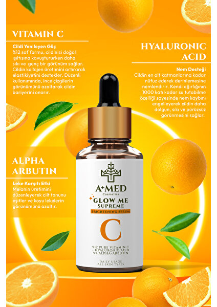 A+ MED Cosmetics Aydınlatıcı,Cilt Tonu Eşitleyici Ve Leke Karşıtı Alpha Arbutin Cilt Bakım Serumu 30 ml (Alpha Arbutin %2 + Hyaluronic Acid)