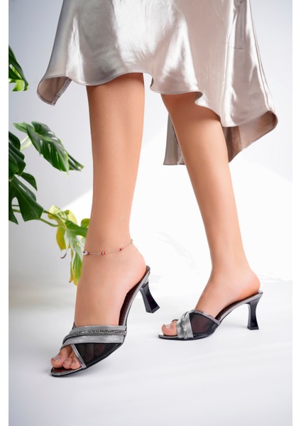 Kadın Platin Tül Detay Taşlı Abiye Terlik modelleri
