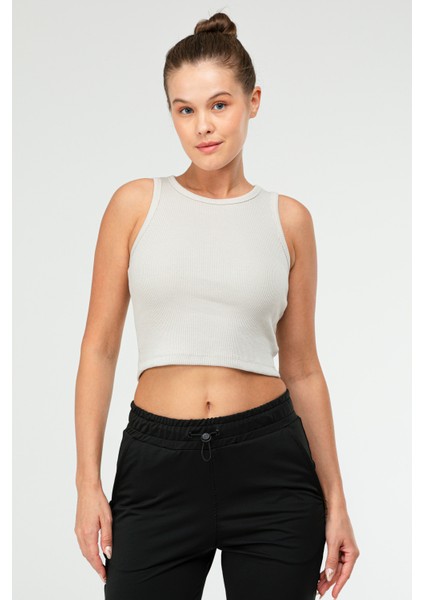 Bej Slim Fit Pamuklu Açık Yaka Crop Top Kaşkorse Kadın Tişört SF-0751