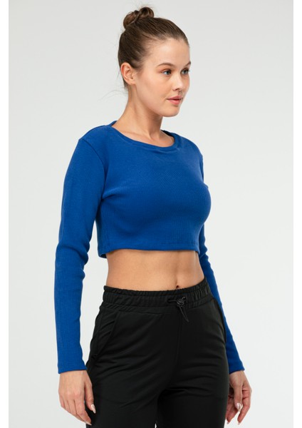 Mavi Slim Fit Pamuklu O Yaka Crop Top Kaşkorse Kadın Tişört SF-0760