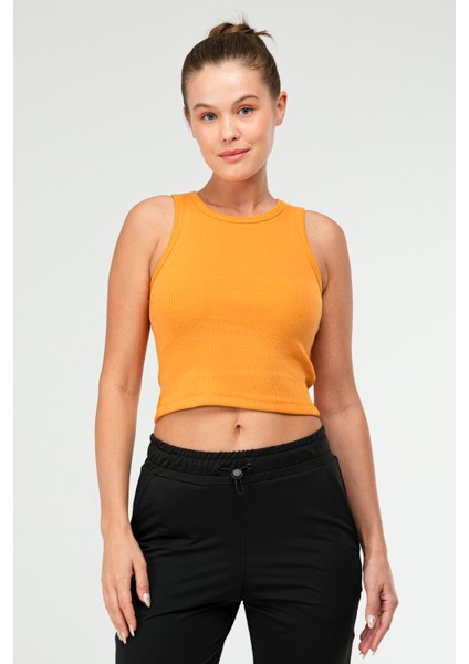 Hardal Slim Fit Pamuklu Açık Yaka Crop Top Kaşkorse Kadın Tişört SF-0751