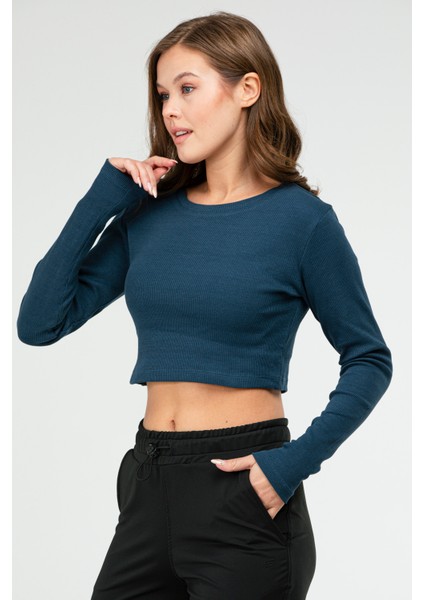 Petrol Slim Fit Pamuklu O Yaka Crop Top Kaşkorse Kadın Tişört SF-0760