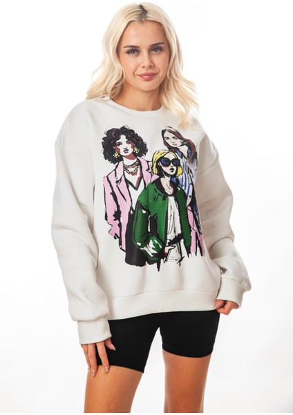Krem-Gri Kız Baskılı Kadın Oversize 3 Iplik Şardonlu Bisiklet Yaka Sweatshirt Hoodie