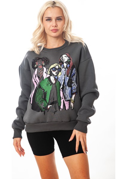 Krem-Gri Kız Baskılı Kadın Oversize 3 Iplik Şardonlu Bisiklet Yaka Sweatshirt Hoodie