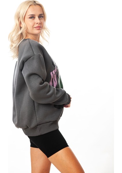 Krem-Gri Kız Baskılı Kadın Oversize 3 Iplik Şardonlu Bisiklet Yaka Sweatshirt Hoodie modelleri