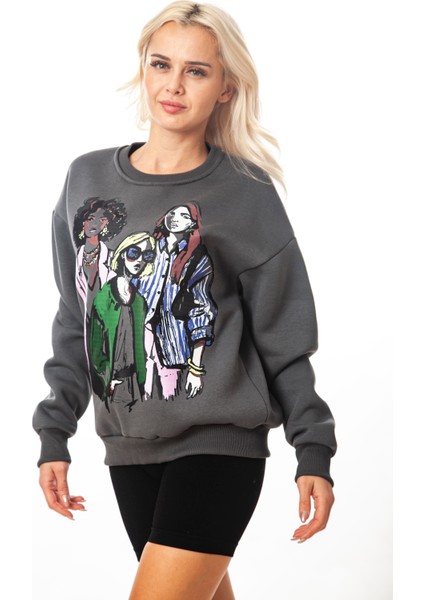 Krem-Gri Kız Baskılı Kadın Oversize 3 Iplik Şardonlu Bisiklet Yaka Sweatshirt Hoodie fırsatları