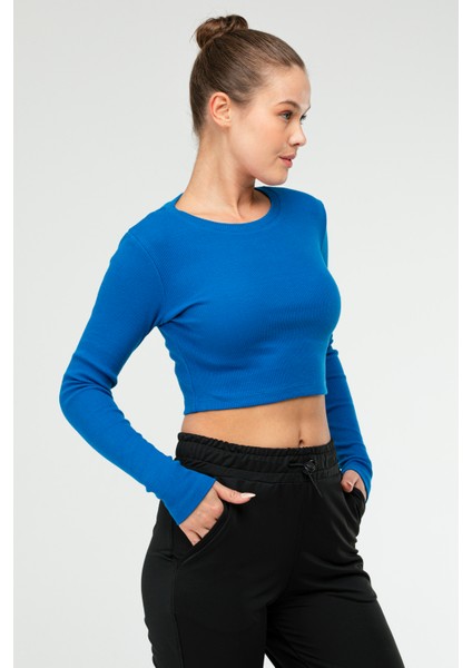 Sax Mavi Slim Fit Pamuklu O Yaka Crop Top Kaşkorse Kadın Tişört SF-0760