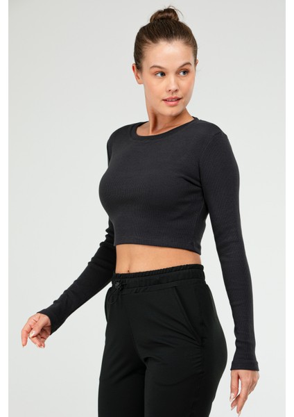 Füme Slim Fit Pamuklu O Yaka Crop Top Kaşkorse Kadın Tişört SF-0760