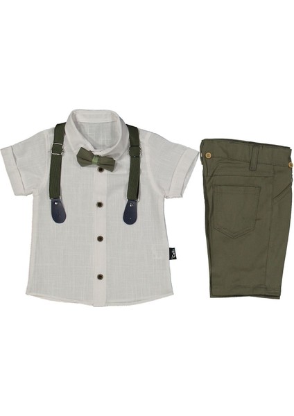 Erkek Çocuk Beyaz Keten Gömlekli Haki Şortlu Papyonlu Takım - 1014139