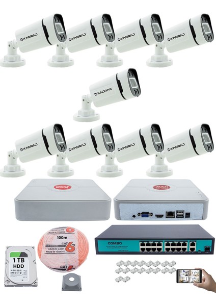 9 Kameralı güvenlik Ip Kamera Seti - 4mp Dış Mekan Kamera, 3.6mm Lens, H.265+, Poe, Gece Renkli Görüş, 16 Kanal Nvr, 16 Port Poe Switch, 1tb HDD