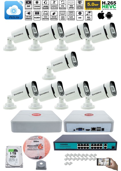 9 Kameralı güvenlik Ip Kamera Seti - 4mp Dış Mekan Kamera, 3.6mm Lens, H.265+, Poe, Gece Renkli Görüş, 16 Kanal Nvr, 16 Port Poe Switch, 1tb HDD