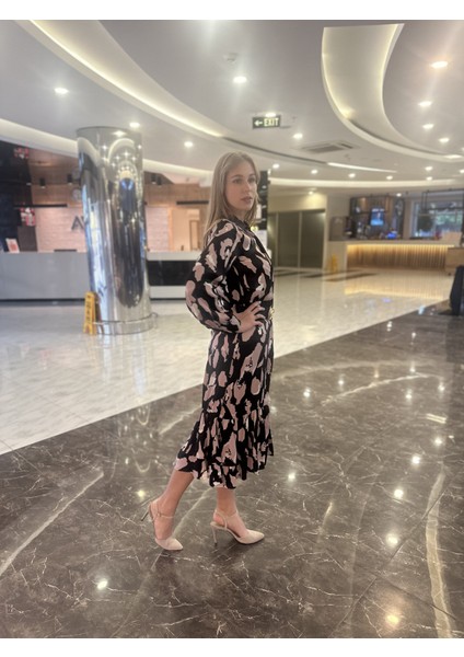 Eteği Kat Volanlı Vizon Gömlek Elbise