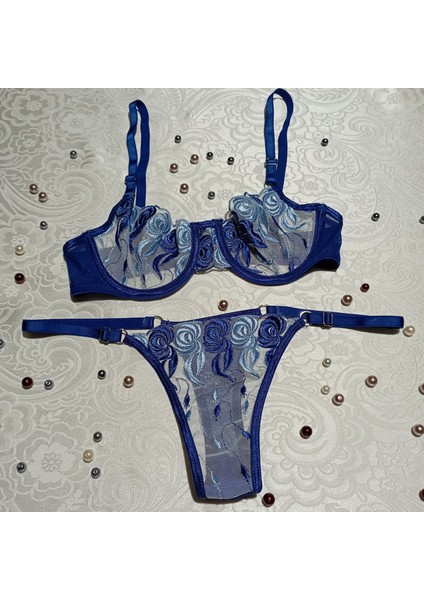 Kadın Mavi Balenli Çiçekli Dantelli Desteksiz Bralet Sütyen Tanga Çamaşır Takımı