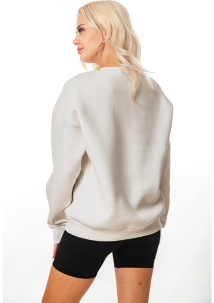 Krem-Gri Kız Baskılı Kadın Oversize 3 Iplik Şardonlu Bisiklet Yaka Sweatshirt Hoodie modelleri