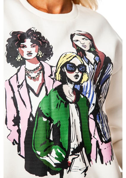 Krem-Gri Kız Baskılı Kadın Oversize 3 Iplik Şardonlu Bisiklet Yaka Sweatshirt Hoodie indirimleri