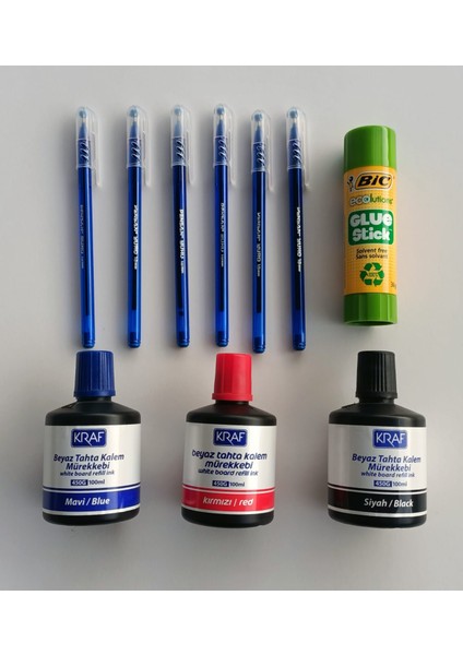 Büro Tükenmez Kalem 6 Adet Mavi - Stick 36 gr - Tahta Kalem Mürekkebi 100 ml 3 Adet(Siyah-Mavi-Kırmızı)
