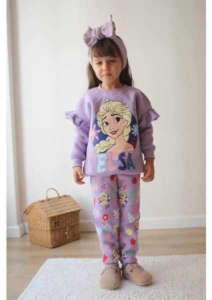Kız Çocuk Elsa Modelli 3 Iplik Şardonlu Eşofman Takımı