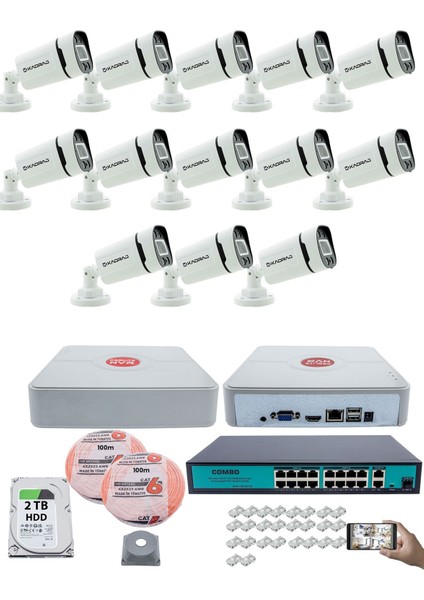 13 Kameralı güvenlik Ip Kamera Seti - 4mp Dış Mekan Kamera, 3.6mm Lens, H.265+, Poe, Gece Renkli Görüş, 16 Kanal Nvr, 16 Port Poe Switch, 2tb HDD