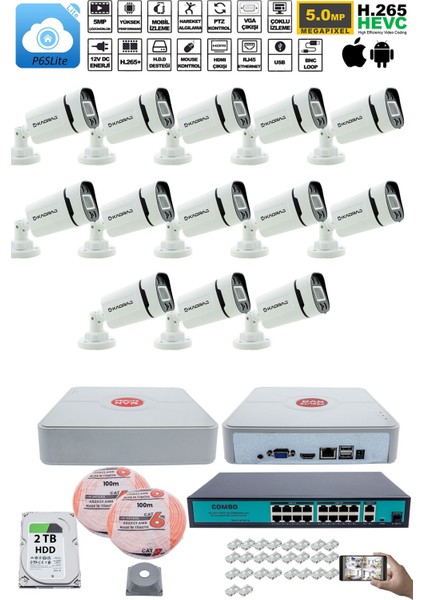 13 Kameralı güvenlik Ip Kamera Seti - 4mp Dış Mekan Kamera, 3.6mm Lens, H.265+, Poe, Gece Renkli Görüş, 16 Kanal Nvr, 16 Port Poe Switch, 2tb HDD