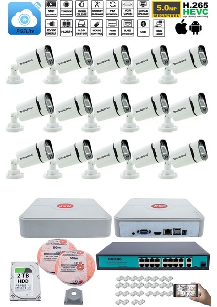15 Kameralı güvenlik Ip Kamera Seti - 4mp Dış Mekan Kamera, 3.6mm Lens, H.265+, Poe, Gece Renkli Görüş, 16 Kanal Nvr, 16 Port Poe Switch, 2tb HDD