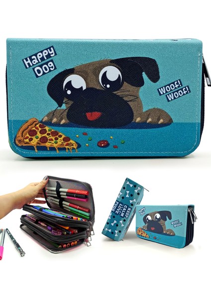 Kalem Kutusu Sevimli Köpek Kawai Organizer Kalemkutu Vegan Deri Üç Bölmeli Kalemlik Siyah