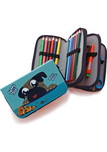 Kalem Kutusu Sevimli Köpek Kawai Organizer Kalemkutu Vegan Deri Üç Bölmeli Kalemlik Siyah modelleri