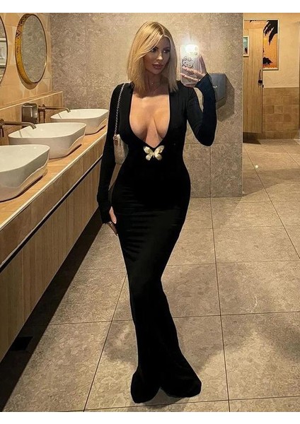 Kelebek Aksesuarlı Maxi Boy Elbise fırsatları