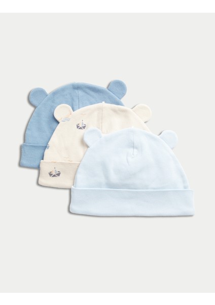 Saf Pamuklu 3'lü Çiçek Desenli Şapka Seti (0-1 Yaş)