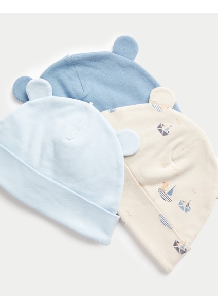 Saf Pamuklu 3'lü Çiçek Desenli Şapka Seti (0-1 Yaş) fiyatları