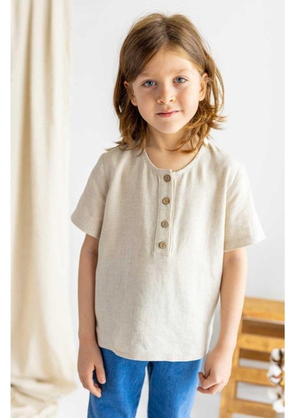 Bej Keten Yarım Patlı Düğmeli Bisiklet Yaka Kısa Kol Erkek Çocuk Gömlek Bej