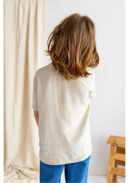 Bej Keten Yarım Patlı Düğmeli Bisiklet Yaka Kısa Kol Erkek Çocuk Gömlek Bej fiyatları