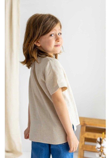 Bej Keten Yarım Patlı Düğmeli Bisiklet Yaka Kısa Kol Erkek Çocuk Gömlek Bej modelleri