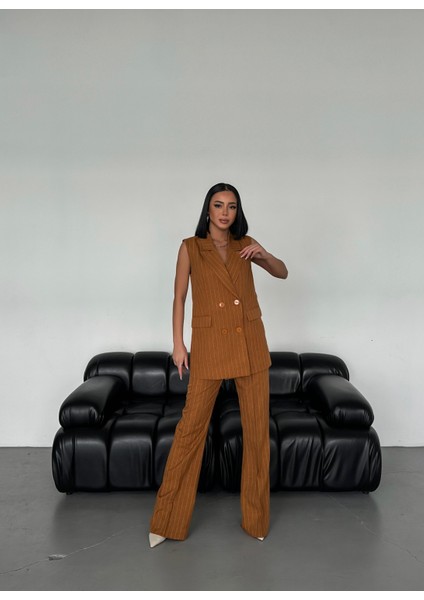 Kadın Şal Yaka Düğmeli Kruvaze Kapamalı Çizgili Yelek