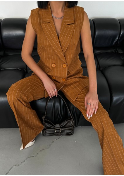 Kadın Şal Yaka Düğmeli Kruvaze Kapamalı Çizgili Yelek indirimleri