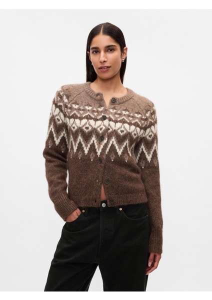 Kadın Kahverengi Fair Isle Desenli Crop Hırka