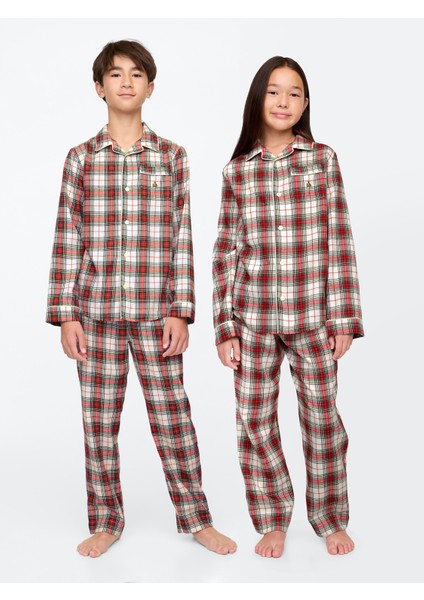 Erkek Çocuk Kırmızı Geri Dönüştürülmüş Desenli Flannel Pijama Takımı