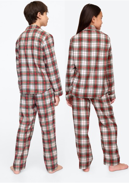 Erkek Çocuk Kırmızı Geri Dönüştürülmüş Desenli Flannel Pijama Takımı