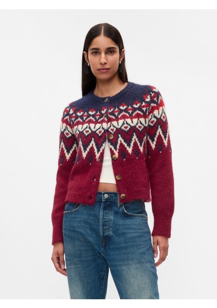 Kadın Bordo Fair Isle Desenli Crop Hırka
