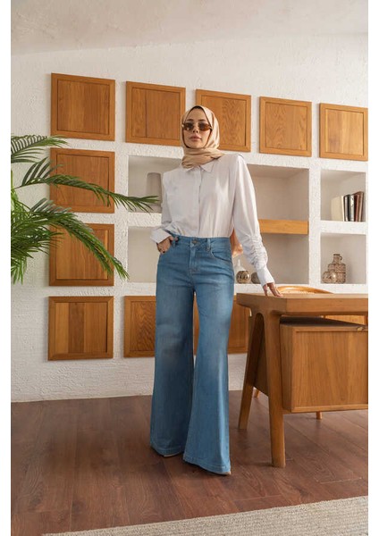 1152- Denim Bol Paça Pantolon Mavi
