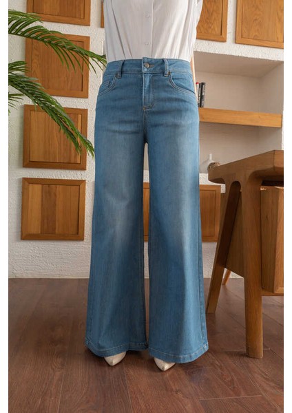 1152- Denim Bol Paça Pantolon Mavi modelleri