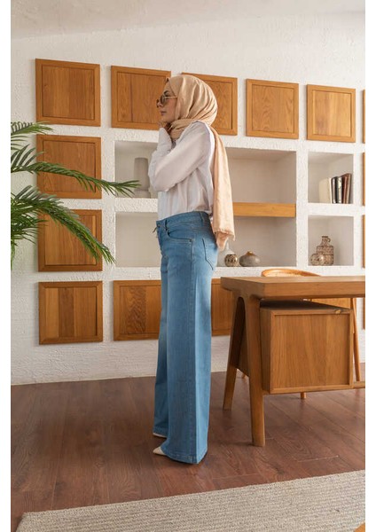 1152- Denim Bol Paça Pantolon Mavi fırsatları