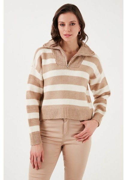 Relaxed Fit Yarım Fermuarlı Dik Yaka Çizgili Kazak Kadın Kazak 24K0011K1