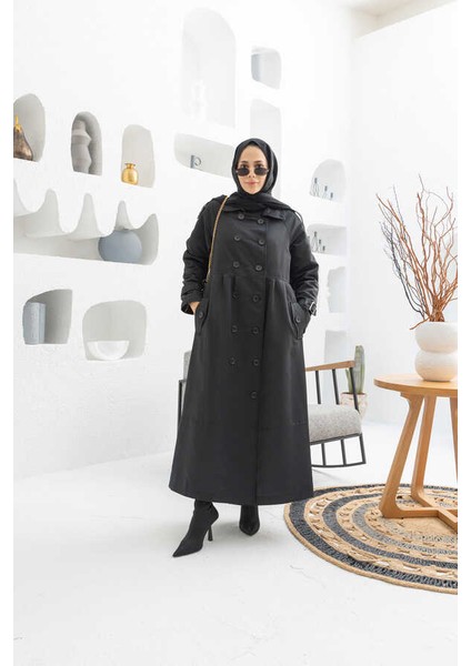 6632-REGLAN Kollu Süs Pileli Lens Ceket Siyah