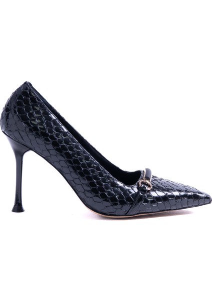 Valeria Siyah Deri Tozu Croco Toka Detaylı Stiletto