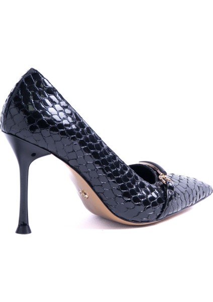 Valeria Siyah Deri Tozu Croco Toka Detaylı Stiletto