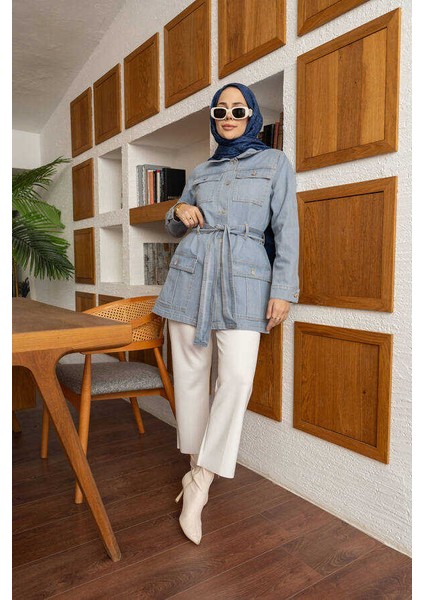 Kuşaklı Kısa Ceket Denim Kumaş Kadınlar İçin Mavi Renk