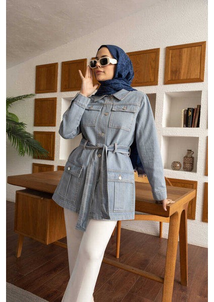Kuşaklı Kısa Ceket Denim Kumaş Kadınlar İçin Mavi Renk modelleri